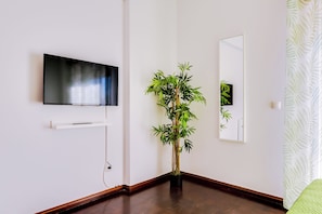 A room with a flat-screen TV mounted on the wall, a potted plant, a mirror, and a patterned curtain. - Anya (FARO)