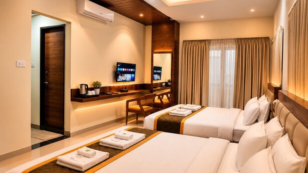 A hotel room with two beds, a desk, a TV, and an air conditioning unit. - Hotel Unnati Stay Inn Vijayapura By HRG (Bijapur)