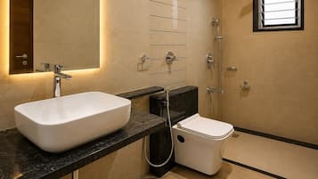 Shower, towels, shampoo, toilet paper
