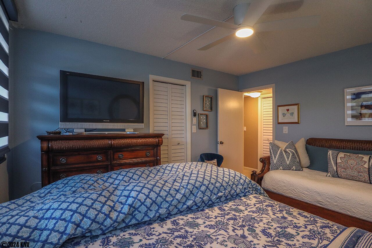 Une chambre à coucher avec un lit, une commode, un téléviseur et un ventilateur de plafond.