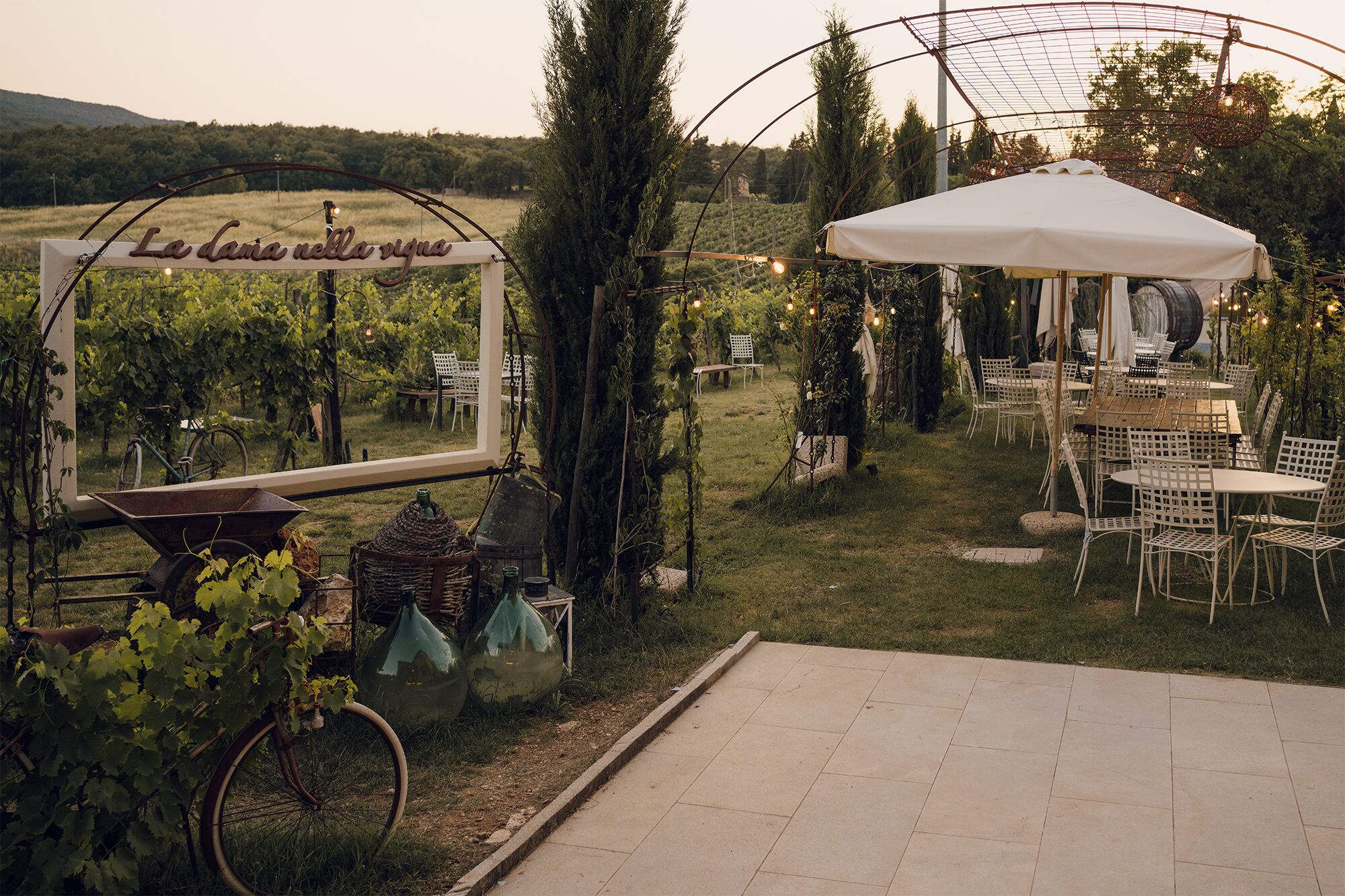 An outdoor seating area with tables and chairs, surrounded by greenery and a vineyard in the background.