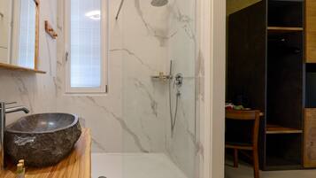 Junior Triple Room, Vineyard View | Bathroom | Shower, hair dryer, towels, soap