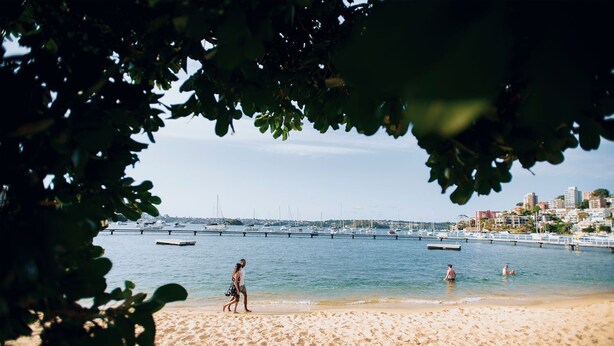A beach with a marina in the background, clear skies, and a few people enjoying the water. - Delightful Darling Point Studio w Stunning Rooftop (Darling Point)