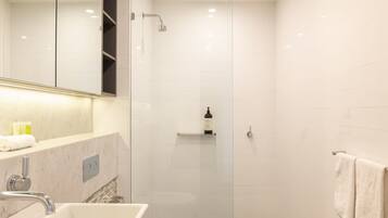 Shower, hair dryer, towels
