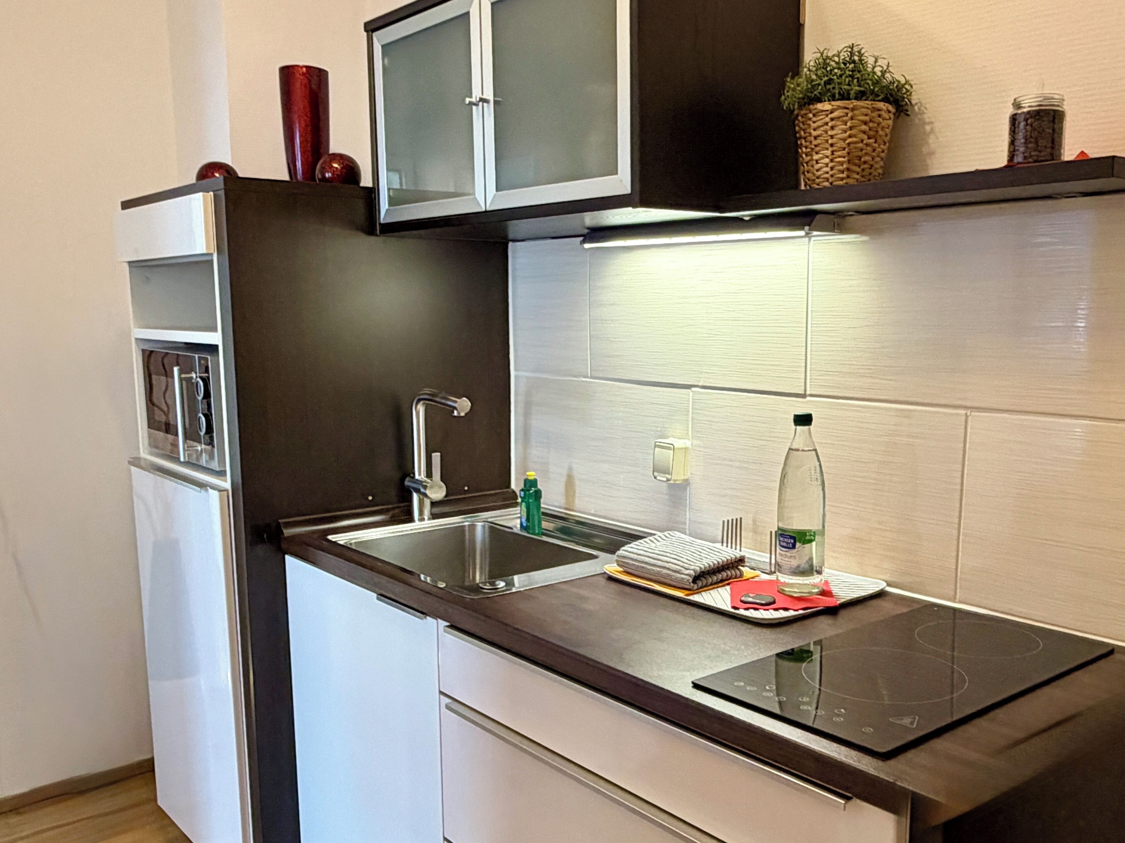 Eine moderne Küche mit eingebautem Backofen, einer Edelstahl-Spüle und einer schwarzen Induktionskochplatte.