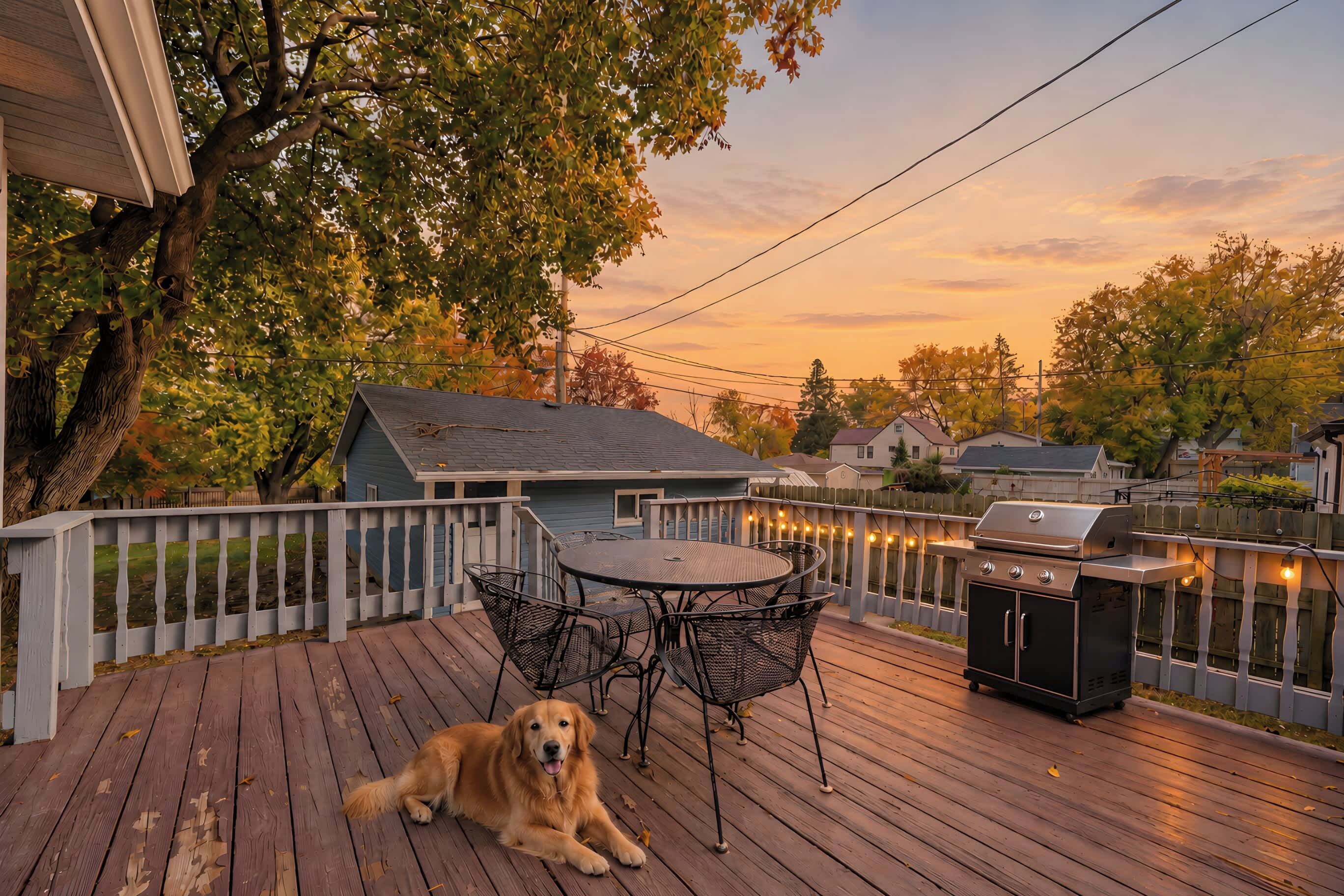 Evenings on the back deck: string lights along the railing, a grill and a patio table for four. Bring your dog. The pup pictured and the dusk light are a styled edit.