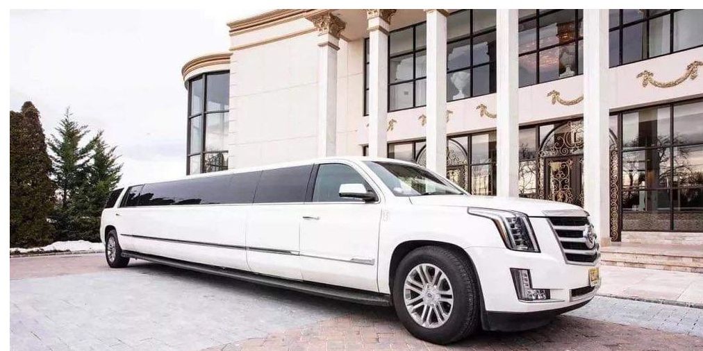 A white limousine parked in front of a building with large windows and columns.