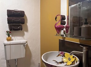Hair dryer, towels, soap, toilet paper