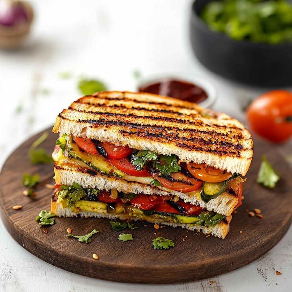 A grilled sandwich with visible layers of vegetables and cheese on a wooden board.