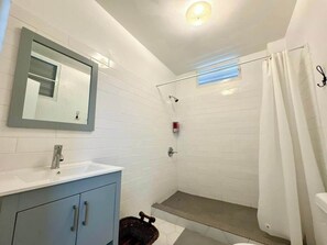 Shower, hair dryer, towels, shampoo