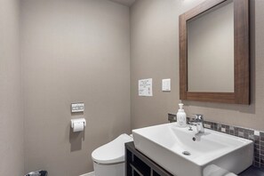 Hair dryer, towels, soap, toilet paper