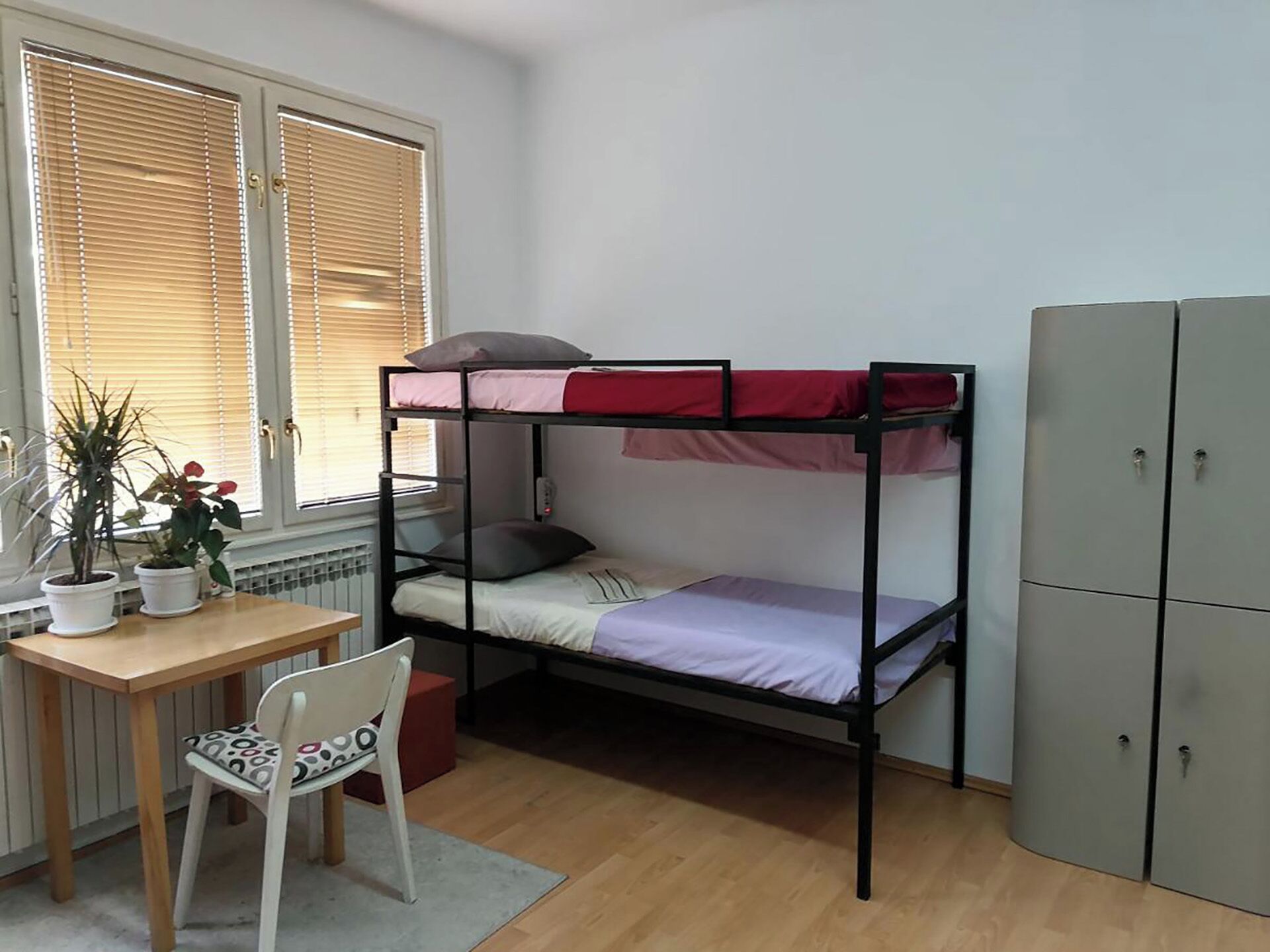 A bunk bed with a desk and chair, potted plants, and a wardrobe.