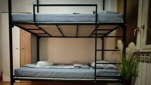 Una cama litera con colchón azul y ropa de cama blanca, una pequeña planta en maceta y una puerta de madera al fondo.