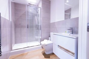 Shower, hair dryer, towels, soap