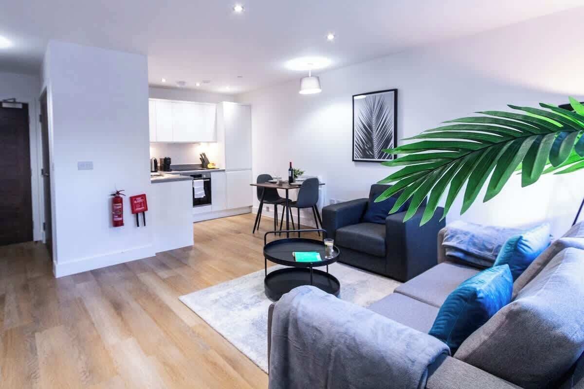 A modern living room with a grey sofa, a coffee table, and a large green plant.