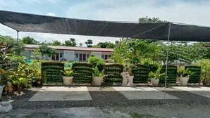 A covered outdoor area with a gravel ground, potted plants, and a building with a red roof in the background. - LAWAK BAKASYUNAN (Moalboal)