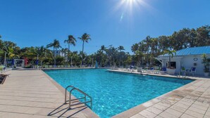 A swimming pool with clear blue water, surrounded by palm trees and lounge chairs.