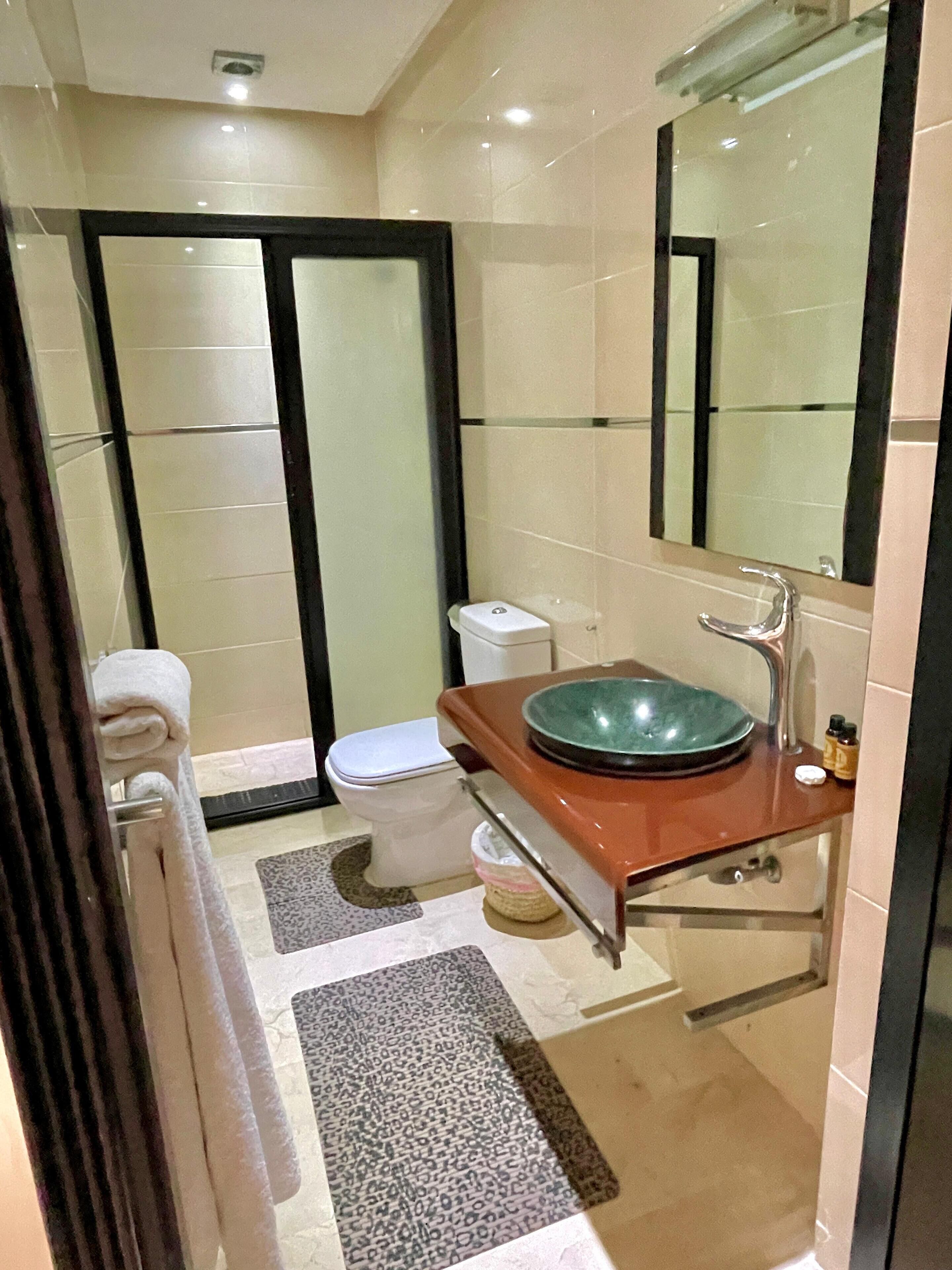 Une salle de bain avec des toilettes, un lavabo et un miroir. On y trouve un porte-serviettes sur lequel est posée une serviette.
