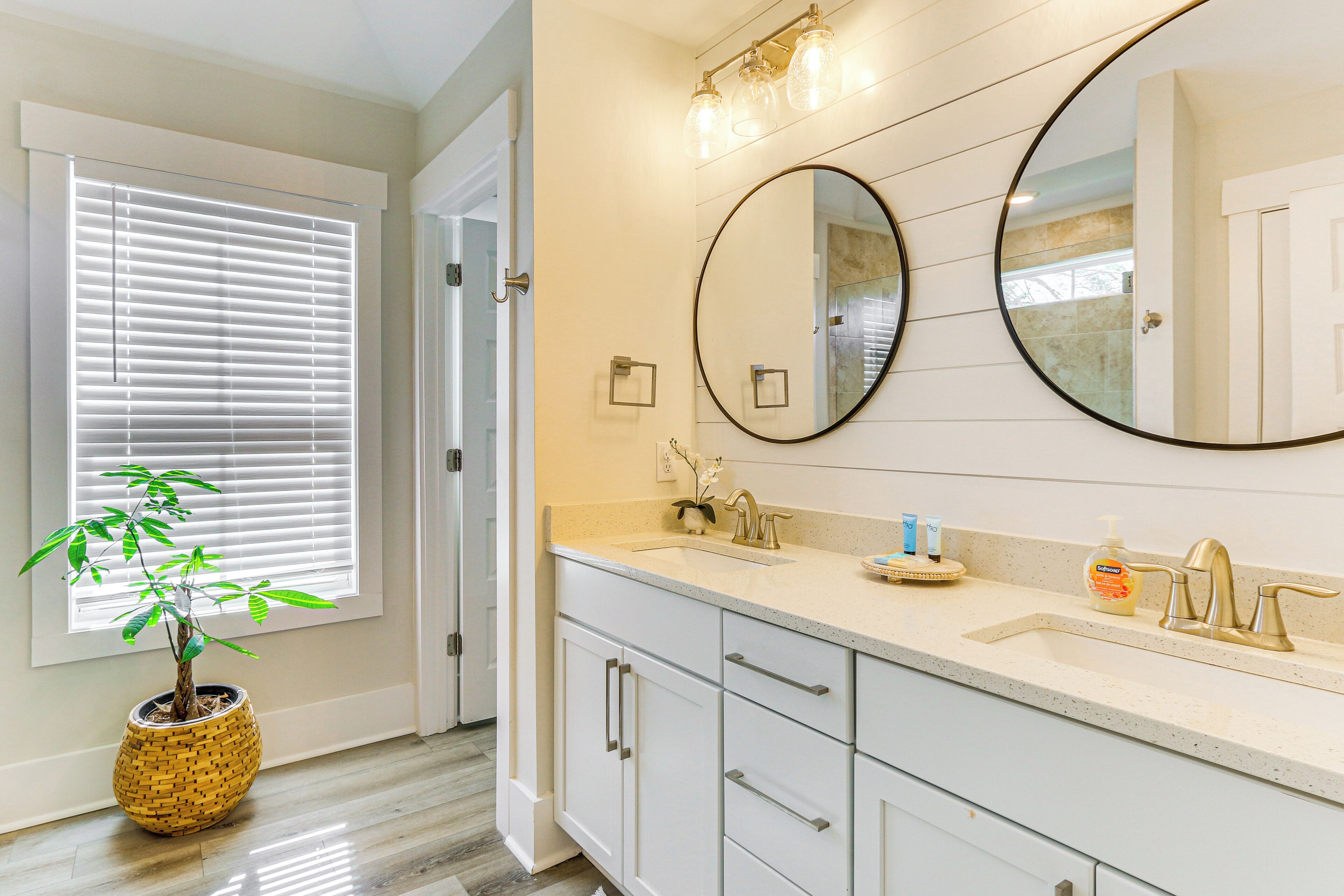 A bathroom with a sink, two mirrors, a potted plant, and a window with blinds.
