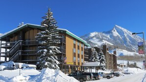 A hotel with multiple floors, a ski slope in the background, and a snowy landscape. - Spacious 2 Bdrm, Short walk to lifts! Perfect for a Family! (Mount Crested Butte)