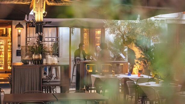 An outdoor dining area with tables and chairs, a decorative plant, and a stone wall. - Hotel Roma - Cittadella (Cittadella)