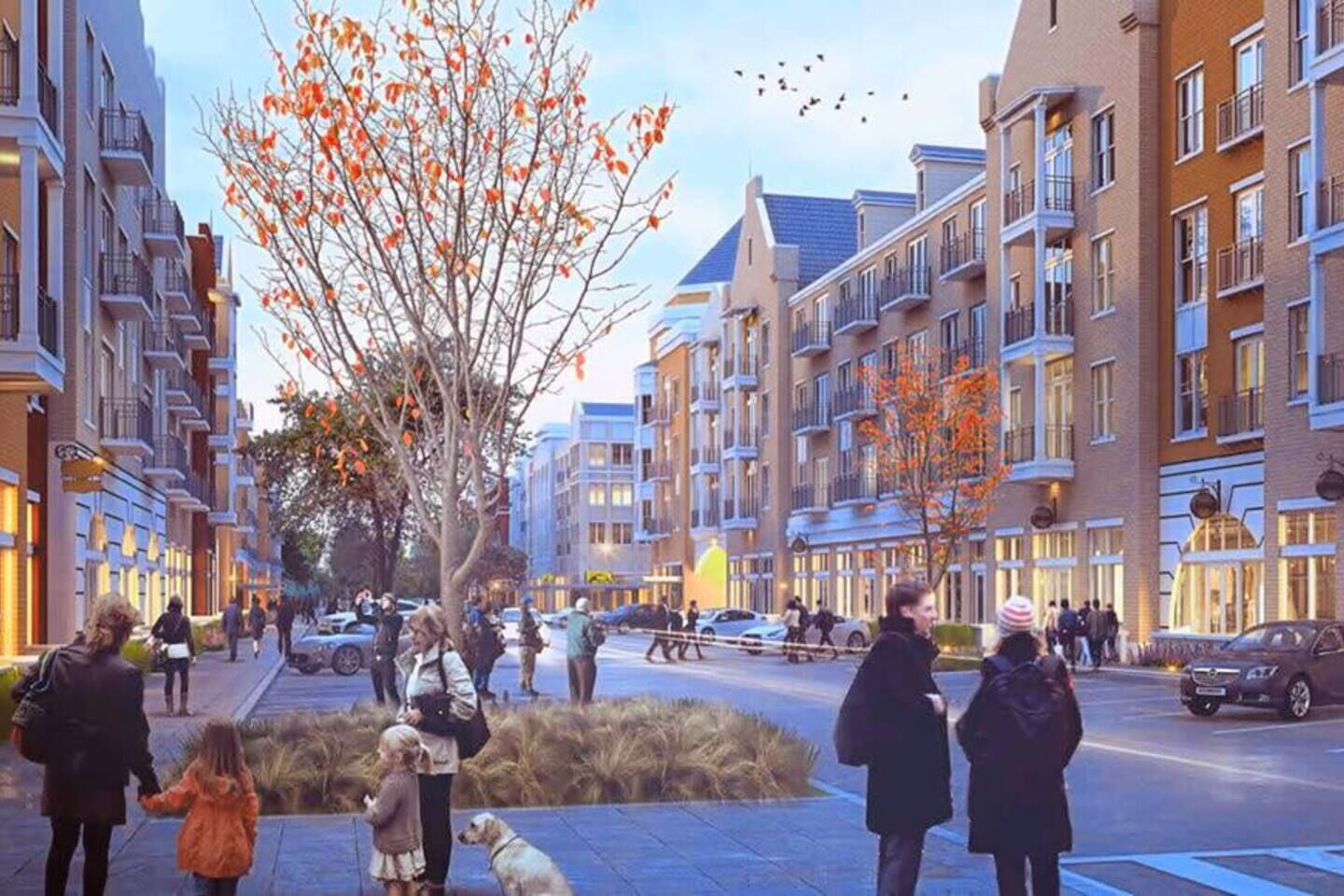 A modern urban street with multi-story buildings, a central tree, and people walking.