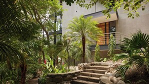 En moderne bygning med en stentrappe omgivet af frodig vegetation og tropiske planter.