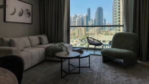 Luxury Apartment, 2 Bedrooms, City View, Tower | Living area - Burj Khalifa View Majestic 2BR Haven (Dubai)