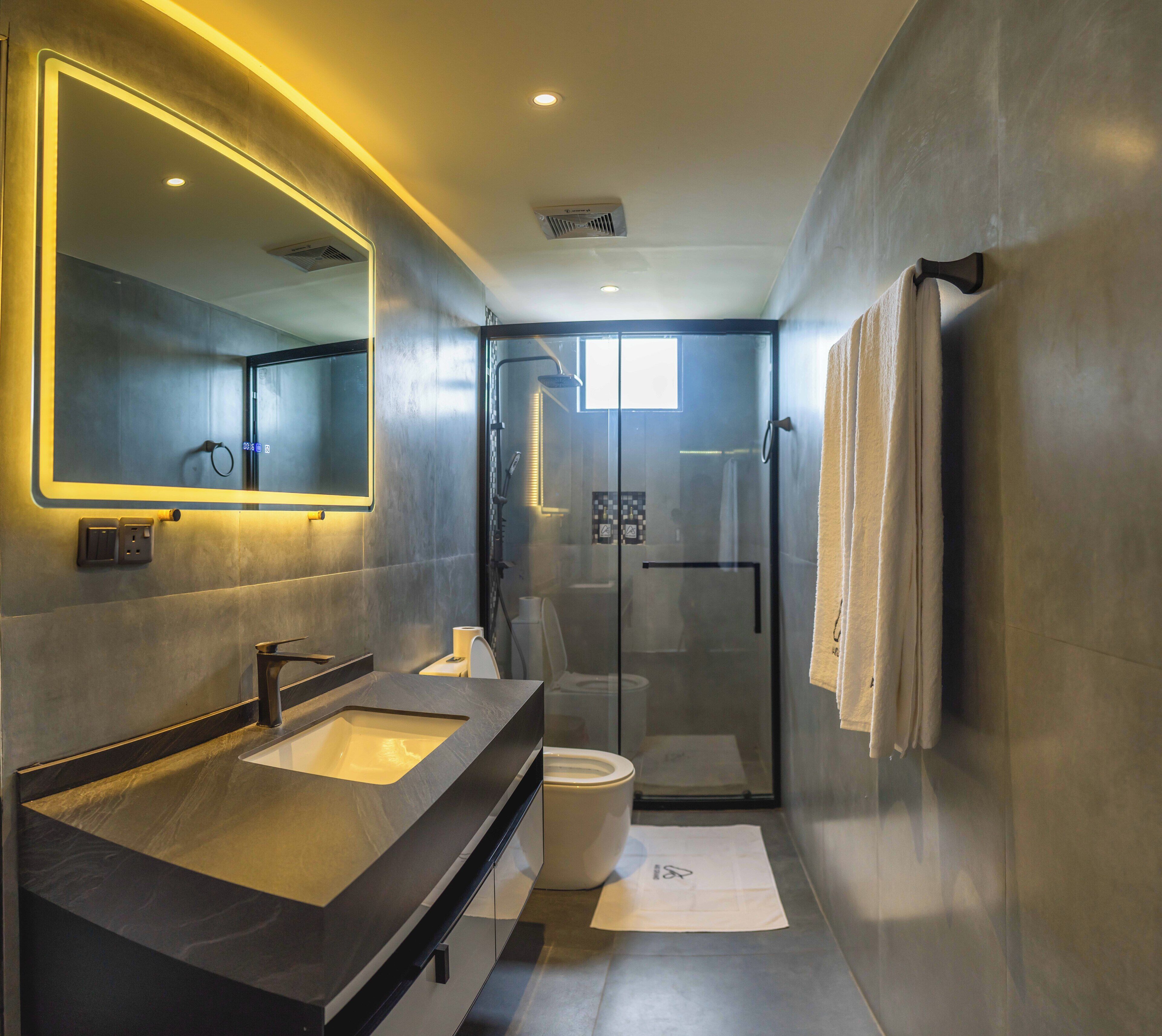 A modern bathroom with a large mirror, two sinks, a shower, and a toilet.