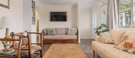 Smart TV, fireplace, books, music library
