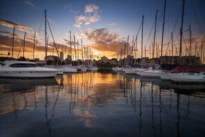 A marina with multiple sailboats docked at sunset. - Bay View in Rushcutters Bay (Rushcutters Bay)