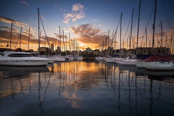 A marina with multiple sailboats docked at sunset.