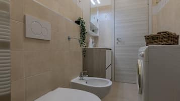 Shower, hair dryer, bidet, towels