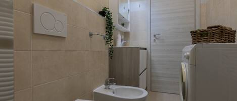 Shower, hair dryer, bidet, towels