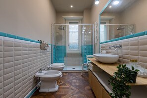 Shower, hair dryer, bidet, towels