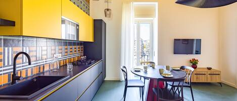 Fridge, microwave, electric kettle, toaster