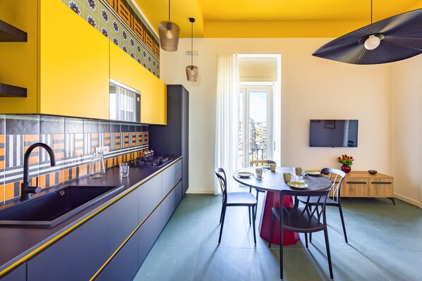 Fridge, microwave, electric kettle, toaster
