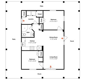 Plano de planta de una casa con patio, cocina, comedor, sala de estar, dos dormitorios, un baño y un porche.