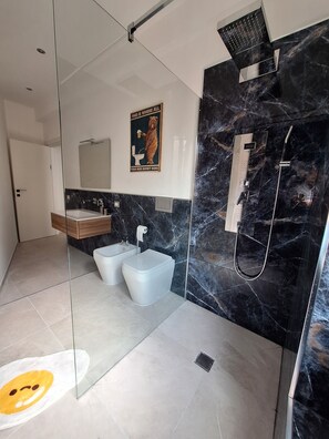 Chuveiro, secador de cabelo, bidê, toalhas de banho