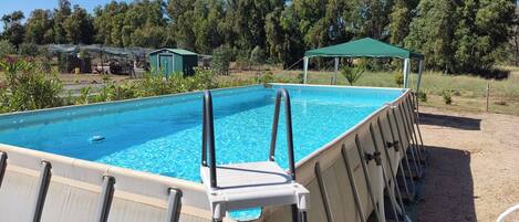 Una piscina sobre el suelo con una escalera, rodeada de grava y árboles.