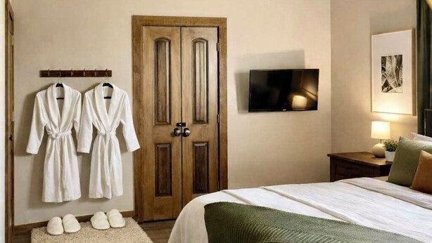 A bedroom with a bed, a wooden door, a television, and a pair of white robes. - Private Guesthouse in Venus (Venus)