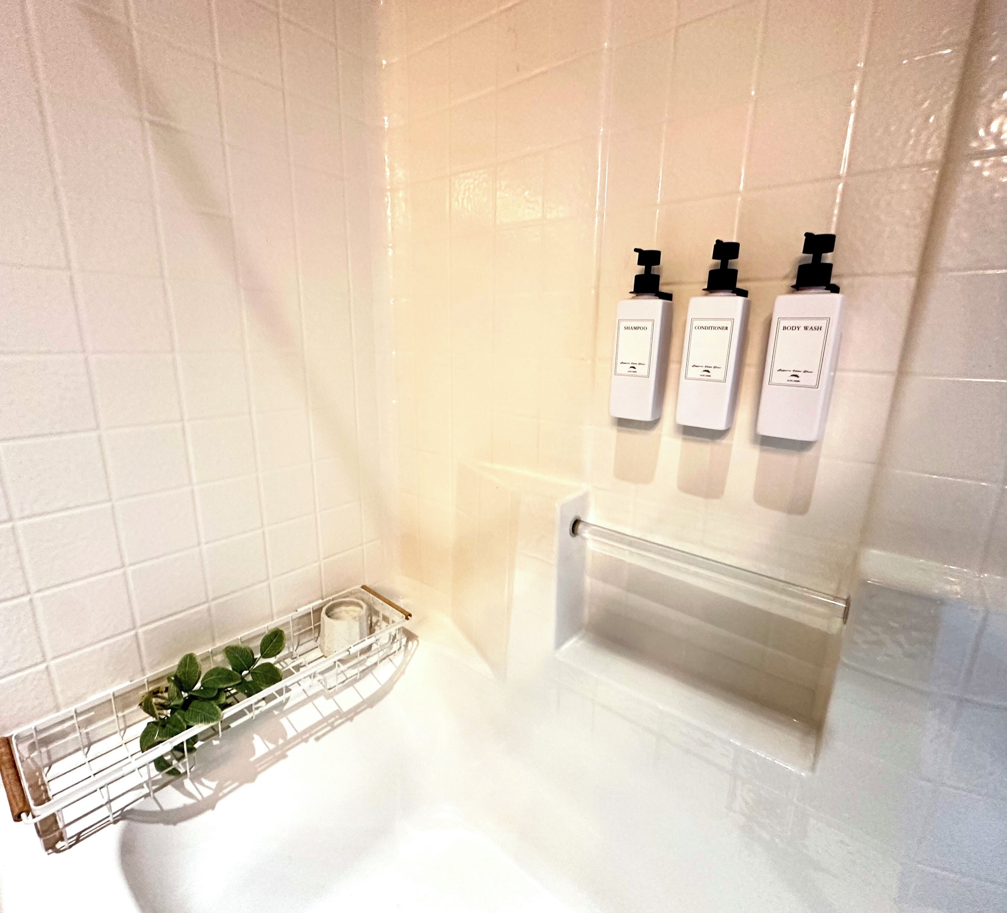 Hair dryer, towels, soap, shampoo