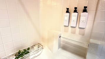 Hair dryer, towels, soap, shampoo