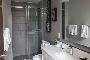 Douche, serviettes fournies, savon, papier toilette