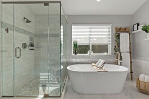 Hair dryer, towels, soap, shampoo