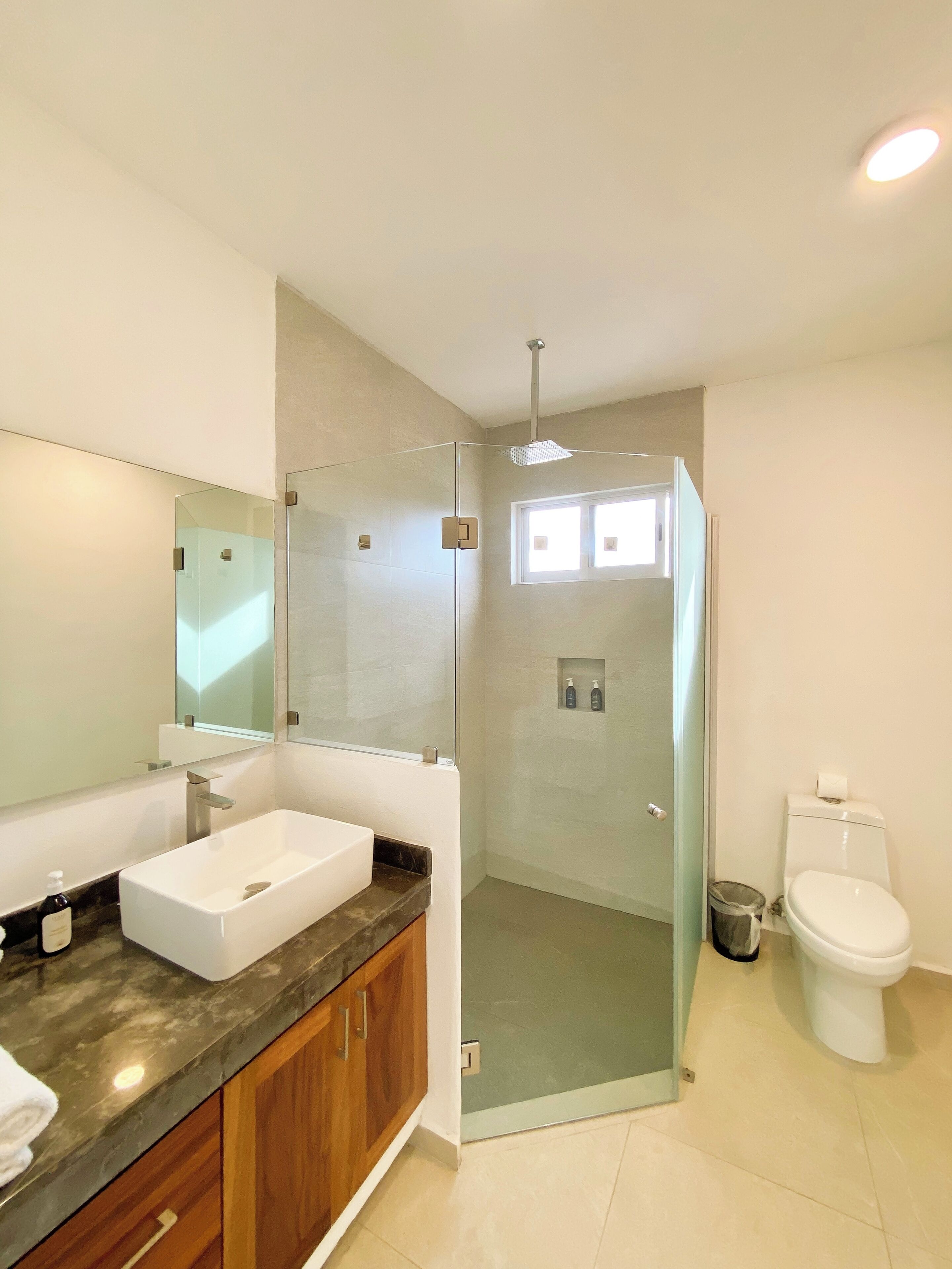 A modern bathroom with a glass-enclosed shower, a white sink, and a toilet.