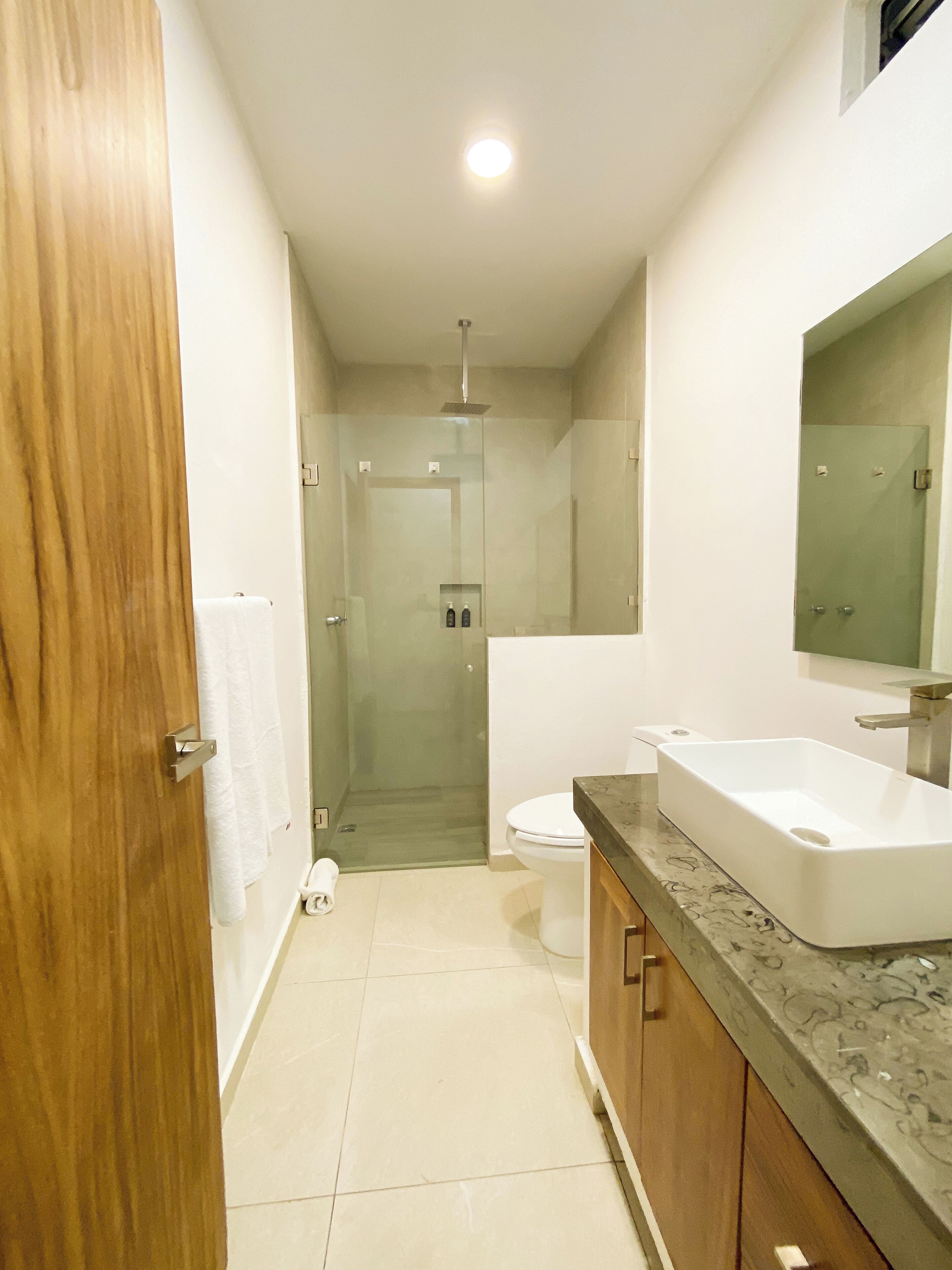 A modern bathroom with a shower, toilet, and sink.