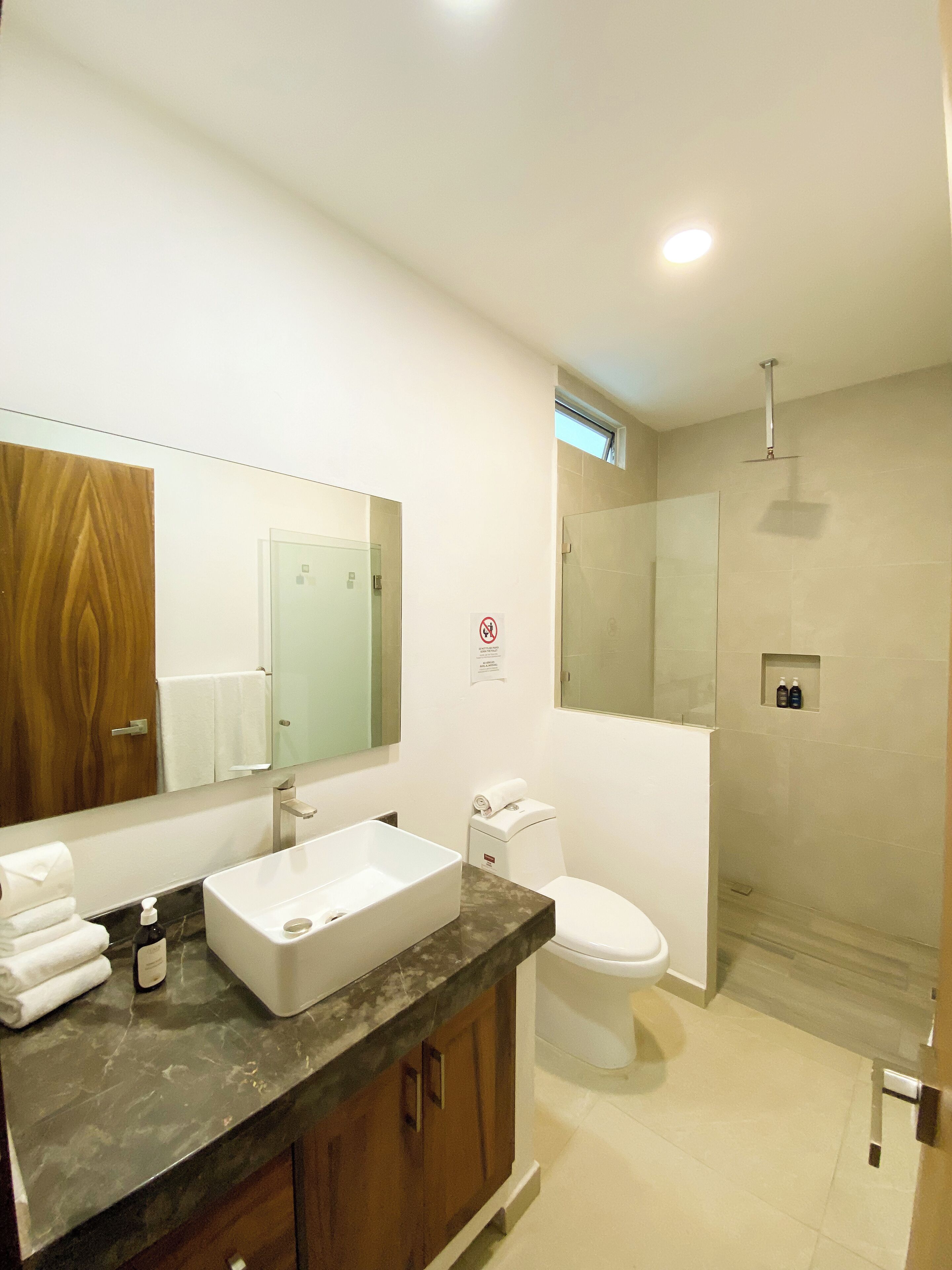 Un bany modern amb un mirall gran, un lavabo, un vàter i una zona de dutxa.