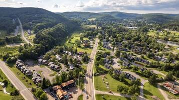 An aerial view of a residential area with houses, roads, and a river.