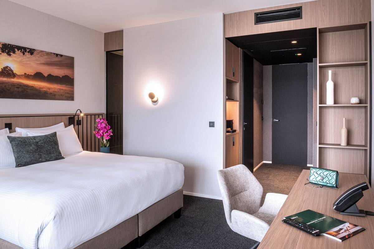 Une chambre d’hôtel avec un lit, un bureau, une chaise, une bibliothèque et un tableau au mur.